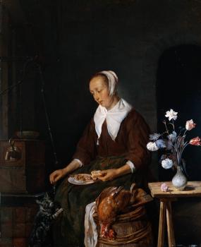Gabriel Metsu : Woman Eating and Feeding her Cat